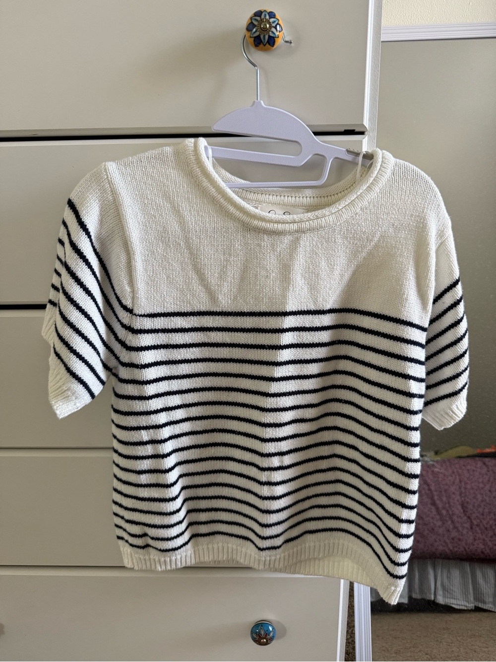 Jessica Simpson Cream and Black Striped Short-Sleeve Sweater Top